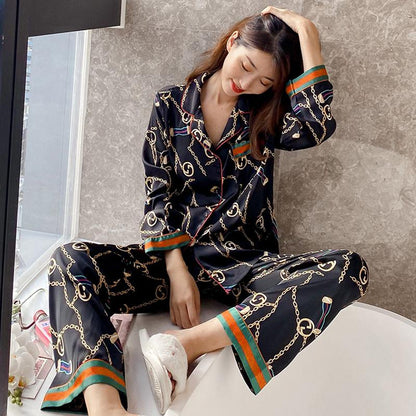 Autumn Couple Ice Silk Pajamas Women Fashion Short Sleeve Suit Men Korean Leisure Silk Ladies Cardigan Home Service
