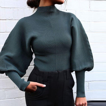 Sweater Women'S Solid Color Knitted Lantern Sleeve Long Sleeve Turtleneck Turtleneck Cardigan