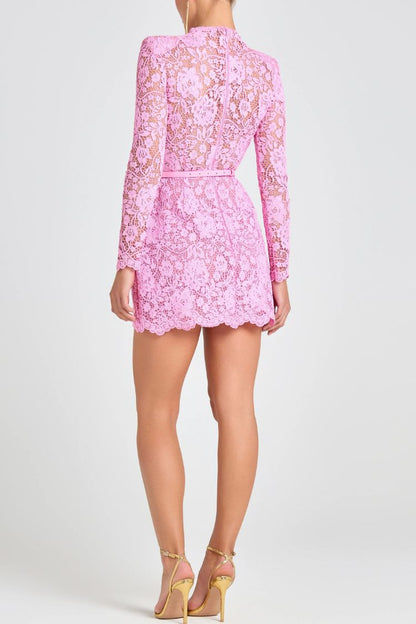 Champagne Toast Flower Lace Long Sleeve Bow Belted Mini Dress