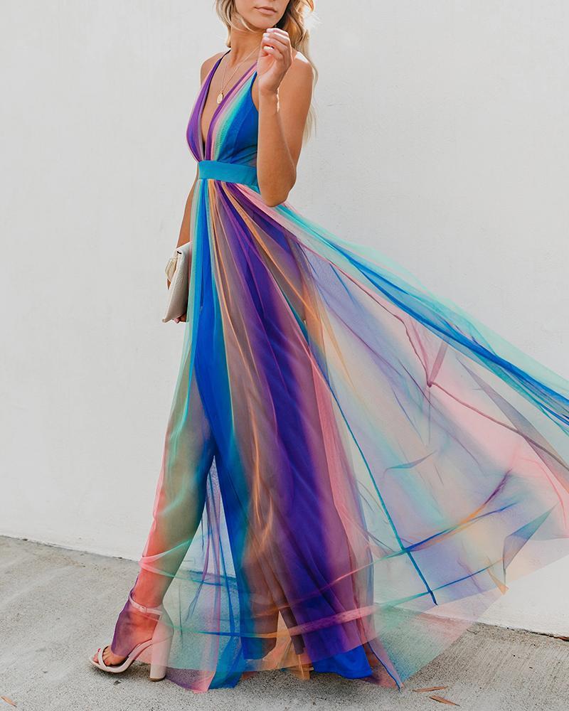 Sexy Deep V Rainbow Mesh Sling Dress