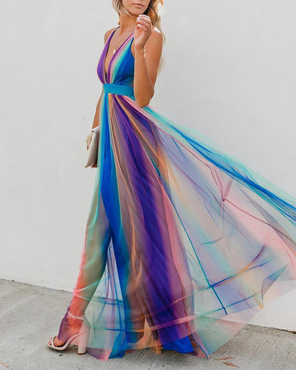 Sexy Deep V Rainbow Mesh Sling Dress