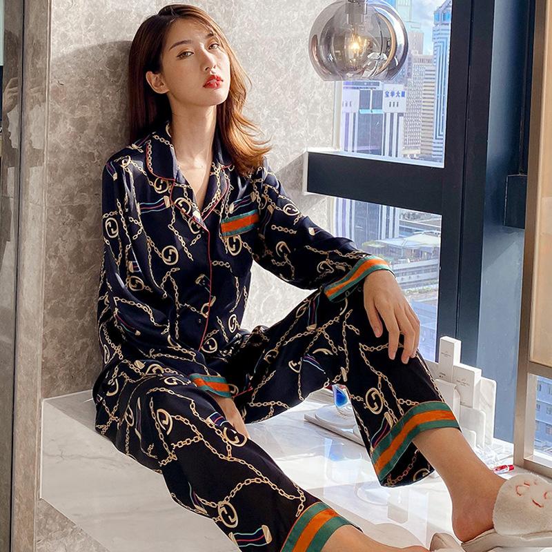 Autumn Couple Ice Silk Pajamas Women Fashion Short Sleeve Suit Men Korean Leisure Silk Ladies Cardigan Home Service