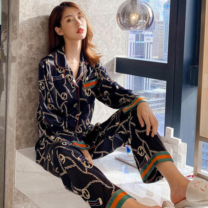 Autumn Couple Ice Silk Pajamas Women Fashion Short Sleeve Suit Men Korean Leisure Silk Ladies Cardigan Home Service