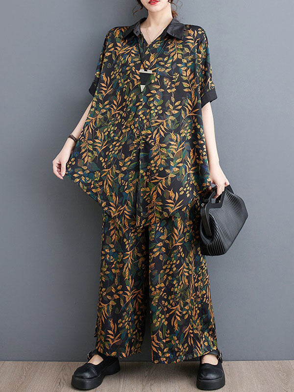 Loose Short Sleeves Printed Lapel Two Pieces Set