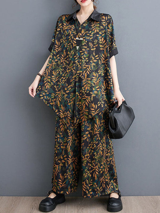 Loose Short Sleeves Printed Lapel Two Pieces Set