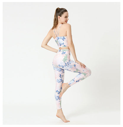 2 Pcs Suit Yoga Suit Women'S Print Yoga Tights Back Sports Bra Fitness Suit