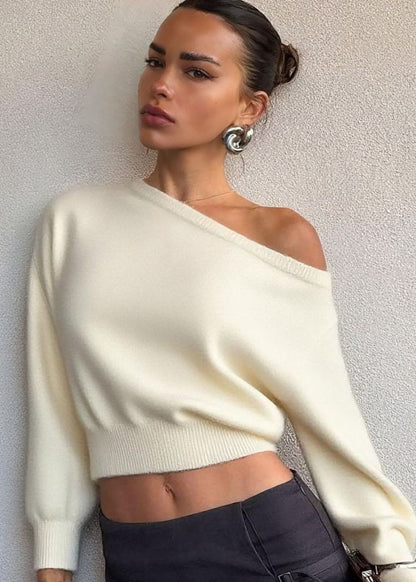Off Shoulder Cropped Knit Sweater Soft Fabric