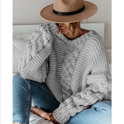 Autumn And Winter Popular Solid Pullover V-Neck Fried Dough Twists Loose Sweater Casual Knitwear Women