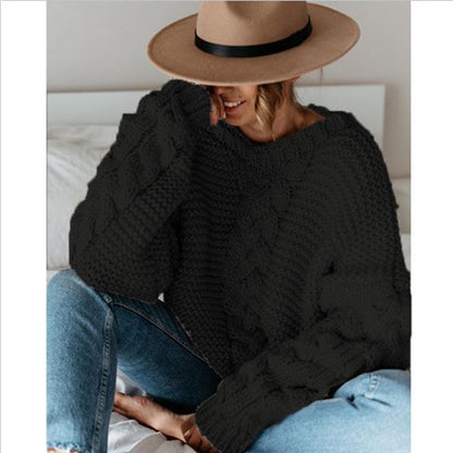 Autumn And Winter Popular Solid Pullover V-Neck Fried Dough Twists Loose Sweater Casual Knitwear Women