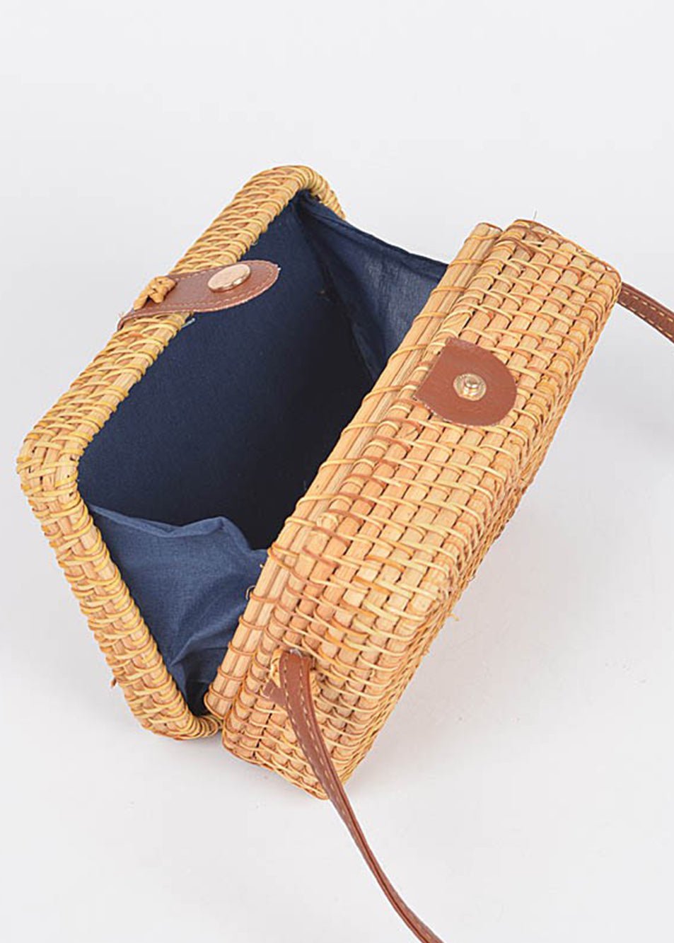 Rattan Crossbody Bag With Leather Strap Beige