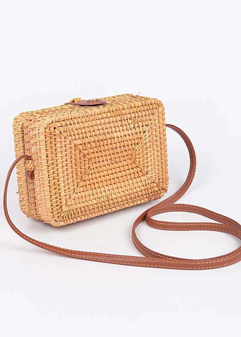 Rattan Crossbody Bag With Leather Strap Beige