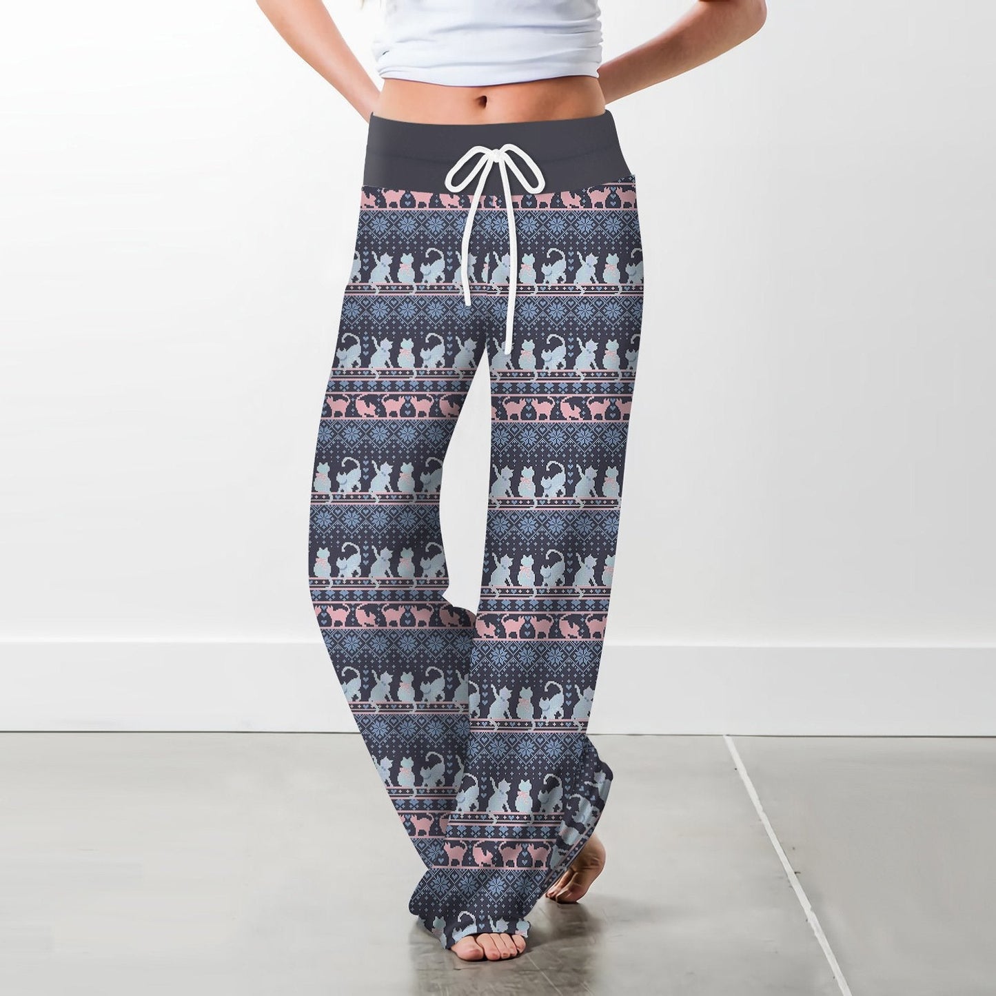 Stripe Fashion Woman Digital Printing Loose Casual Flower Pattern Pants Wide Leg Yoga Pants 678