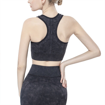 Solid Color Seamless Sports Bra High Elastic Jacquard Print Washed Sleeveless Open Navel Vest Tight Sports Yoga Top For Women