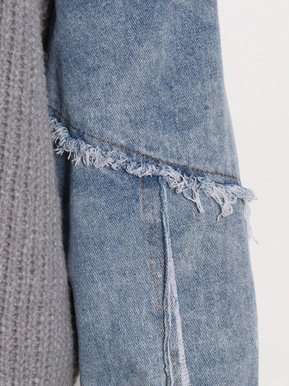 Stylish Denim Knitting Split-Joint Contrast Color Sweater Top