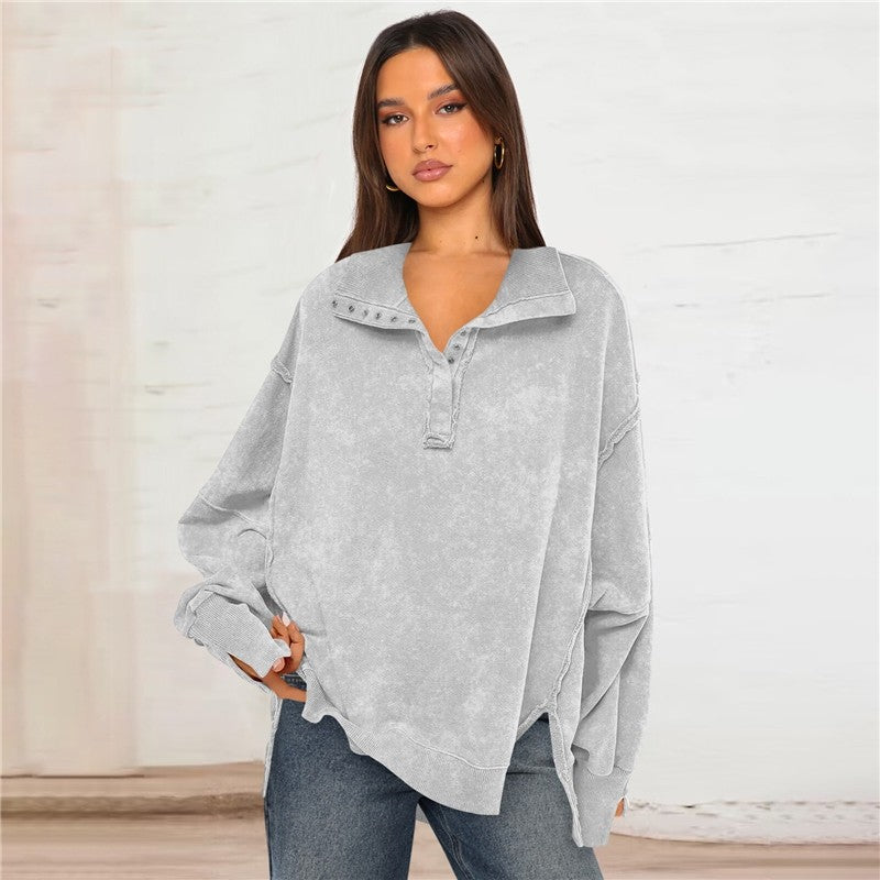 Polo Collar Split Sleeve Loose Sweatshirt Women