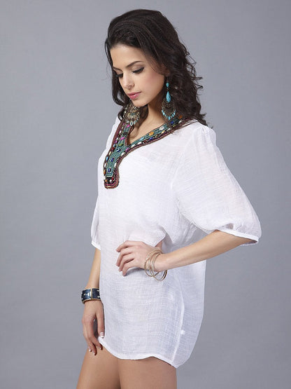 Pretty Bohemia Half Sleeve V Neck Embroidery Blouse Tops