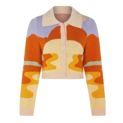 Autumn New Style Retro Oil Painting Sweater Cardigan Coat Women Polo Neck Short Thin T-Shirt