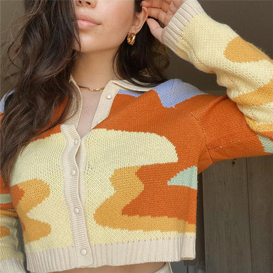 Autumn New Style Retro Oil Painting Sweater Cardigan Coat Women Polo Neck Short Thin T-Shirt