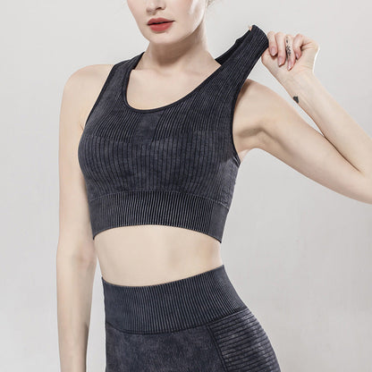 Solid Color Seamless Sports Bra High Elastic Jacquard Print Washed Sleeveless Open Navel Vest Tight Sports Yoga Top For Women