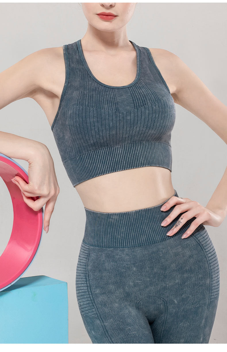 Solid Color Seamless Sports Bra High Elastic Jacquard Print Washed Sleeveless Open Navel Vest Tight Sports Yoga Top For Women