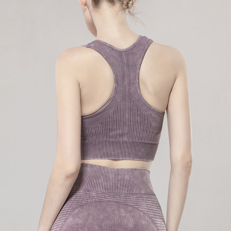 Solid Color Seamless Sports Bra High Elastic Jacquard Print Washed Sleeveless Open Navel Vest Tight Sports Yoga Top For Women