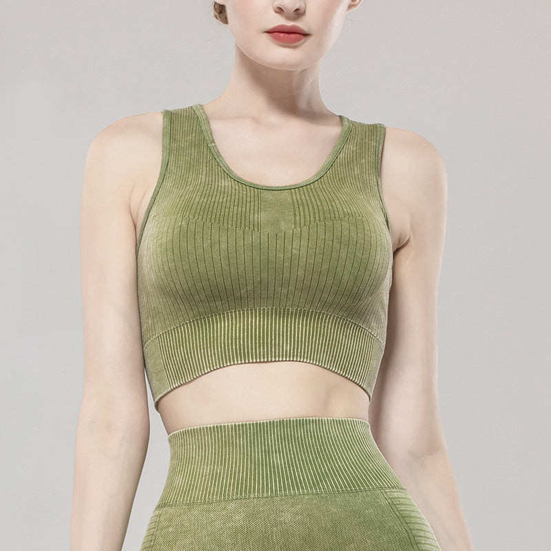 Solid Color Seamless Sports Bra High Elastic Jacquard Print Washed Sleeveless Open Navel Vest Tight Sports Yoga Top For Women