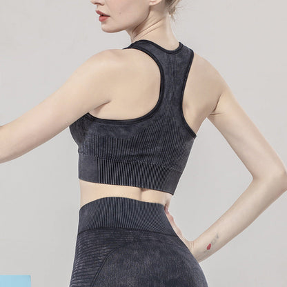 Solid Color Seamless Sports Bra High Elastic Jacquard Print Washed Sleeveless Open Navel Vest Tight Sports Yoga Top For Women