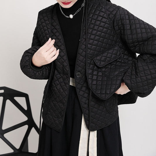 Loose Diamond Quilted Cotton Collarless Jacket