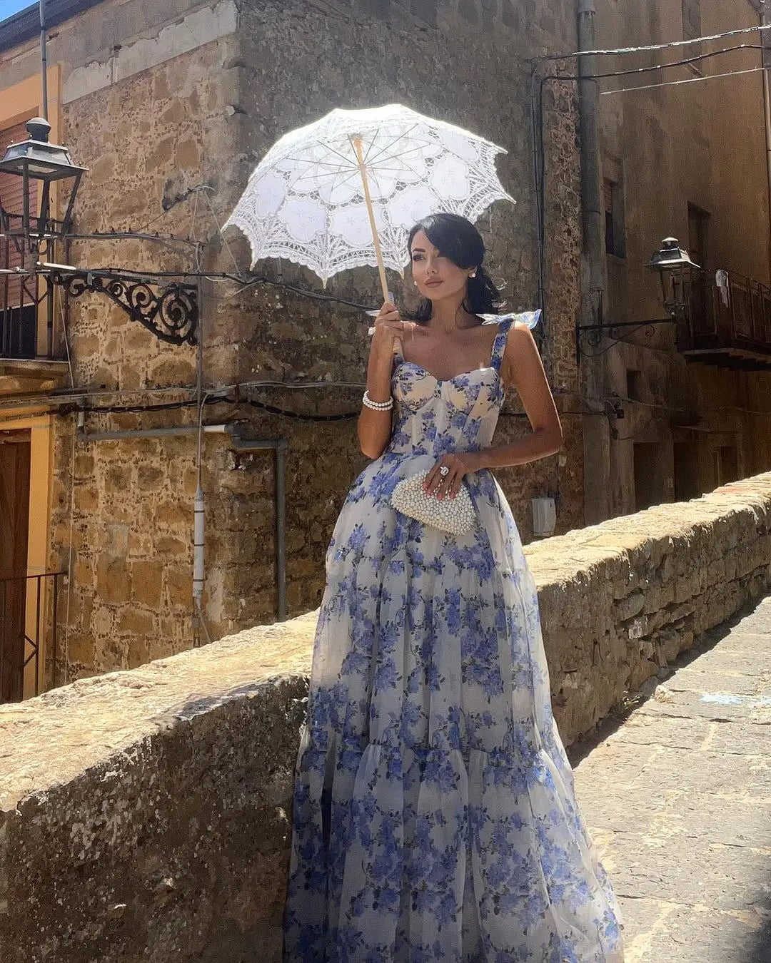 Floral Tie Strap Maxi Dress In Blue