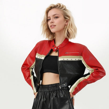 Color Block Crop Biker Jacket