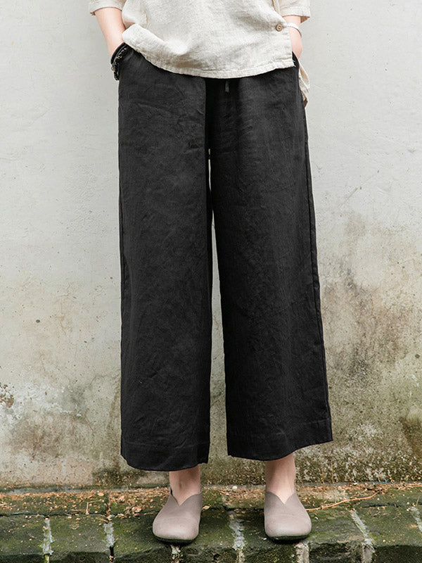 Simple Linen Column Elasticity Waist Bandage Pants
