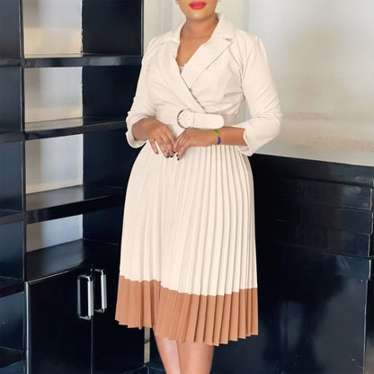 High Waist Pleated Blazer Collar Color Block Dress