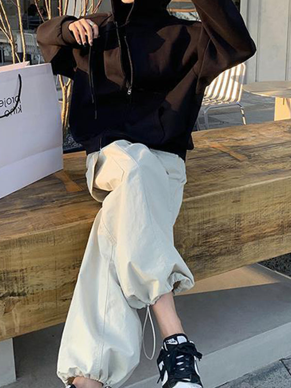 High Waisted Loose Drawstring Elasticity Pockets Solid Color Split-Joint Pants Trousers