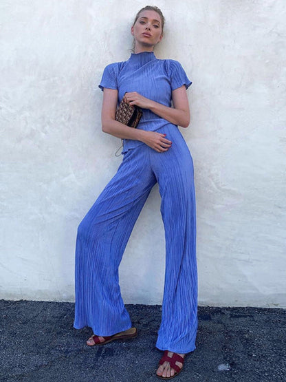 Simple Solid Color High-Neck T-Shirt Top&Wide Legs Pants 2 Pieces Set
