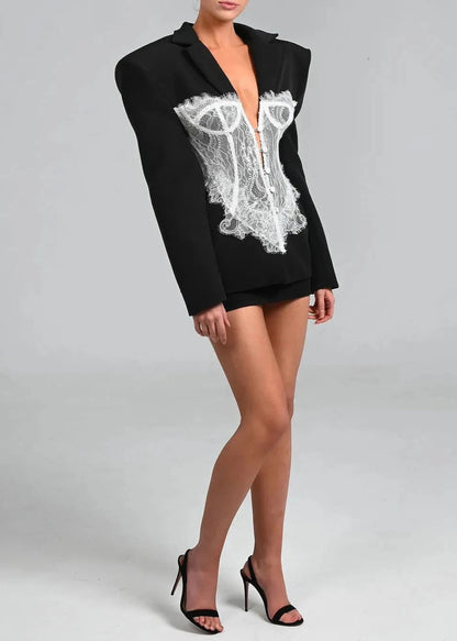 Contrast Lace Blazer Suit Premium Fabric