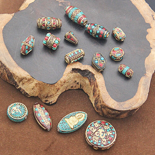 1Pc 15 Styles Retro Nepal Beads Handmade Red Coral Tibetan Bead Antique Golden For Jewelry Components Making Diy Bracelets