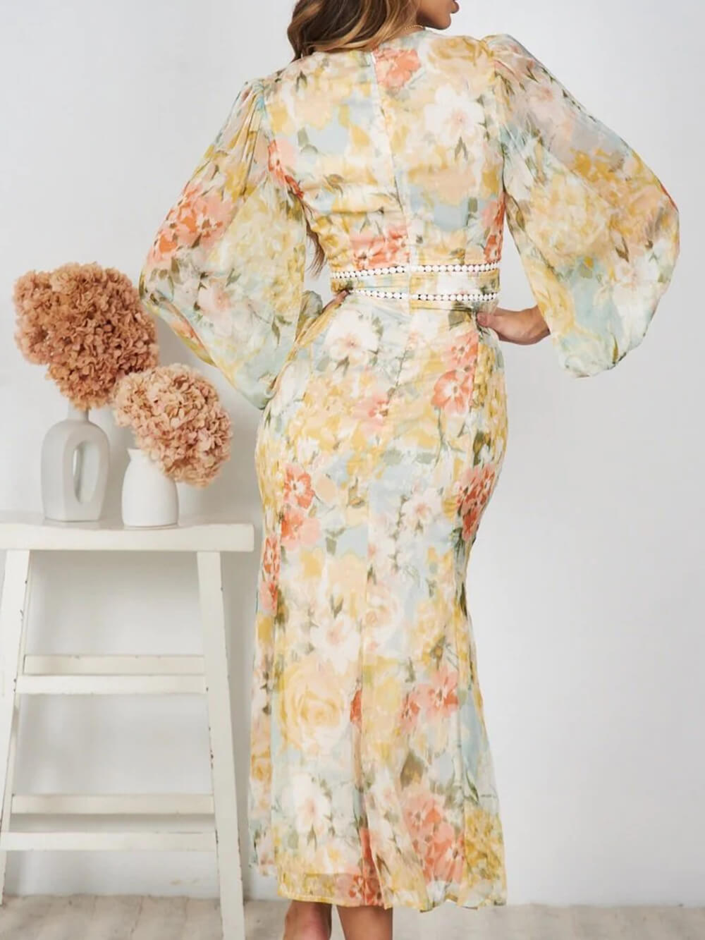 Floral Print Chiffon Midi Dress With Lace Trim