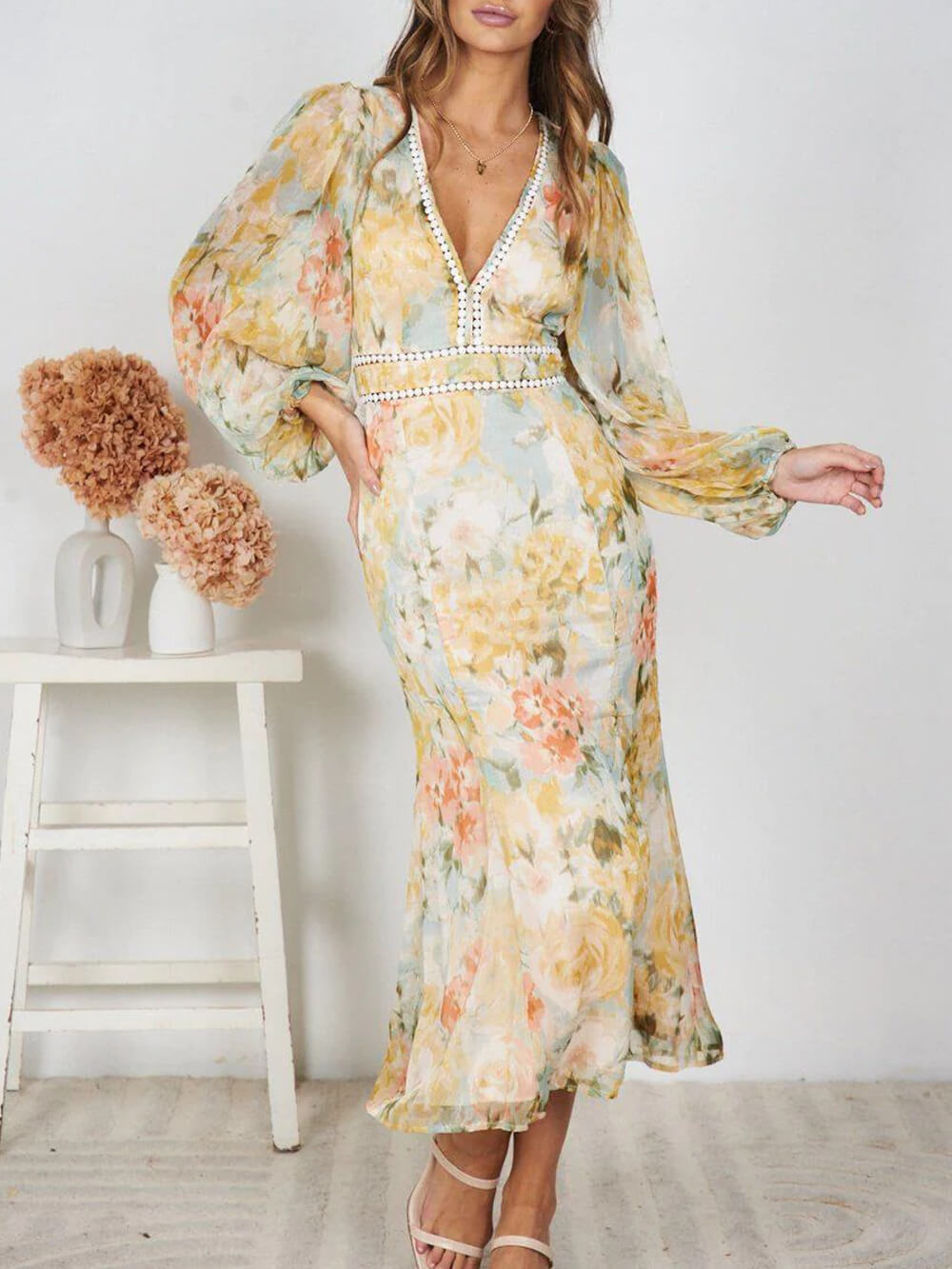 Floral Print Chiffon Midi Dress With Lace Trim
