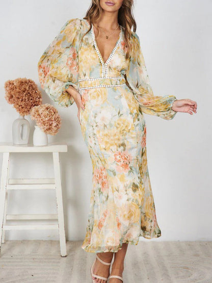 Floral Print Chiffon Midi Dress With Lace Trim