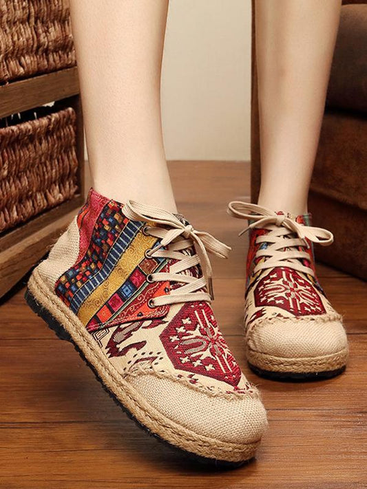 Vintage Boho Folk Pattern Lace-Up Flat Canvas Shoes