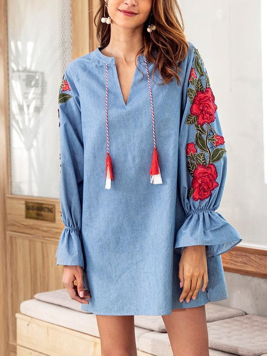 Embroidered V Neck Loose Mini Dress