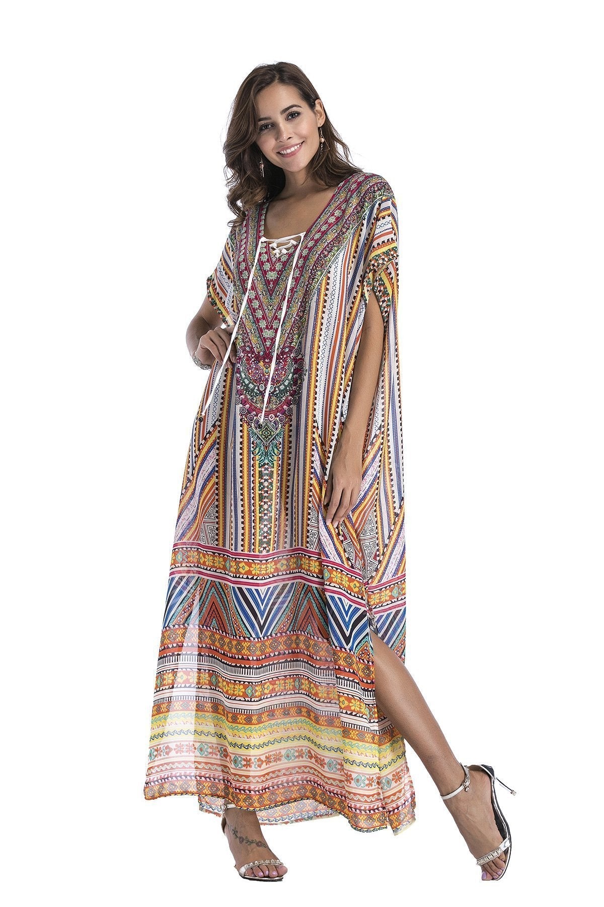 8 Colors Chiffon Beach Bikini Outer Cover Positioning Print Sunscreen Large Size Dress