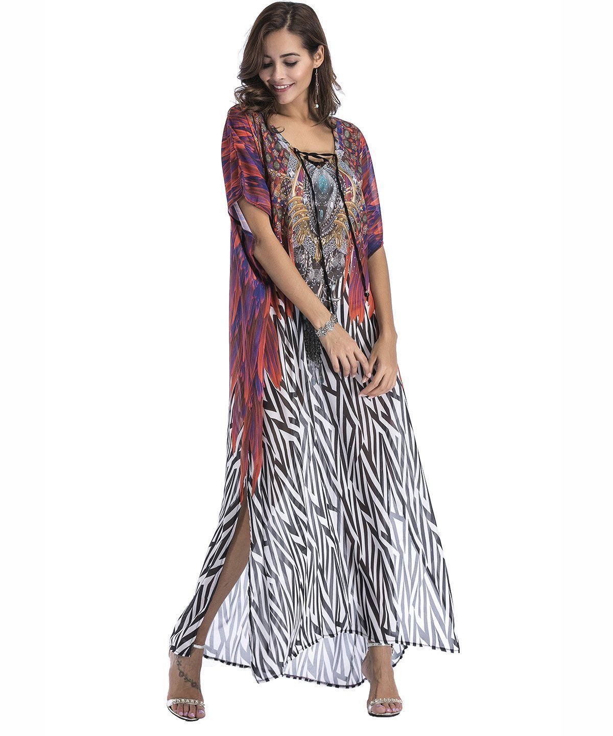 8 Colors Chiffon Beach Bikini Outer Cover Positioning Print Sunscreen Large Size Dress