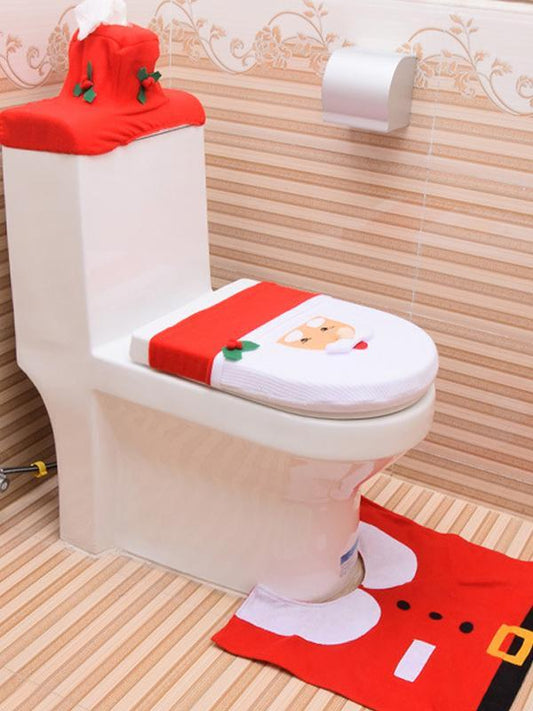 3-Piece Snowman Santa Toilet Seat Cover And Rug Set Christmas Decorations