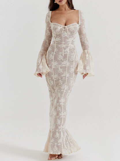 Lace Maxi Dress Semi Sheer Stretch Floral