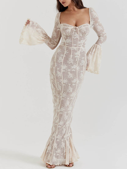 Lace Maxi Dress Semi Sheer Stretch Floral
