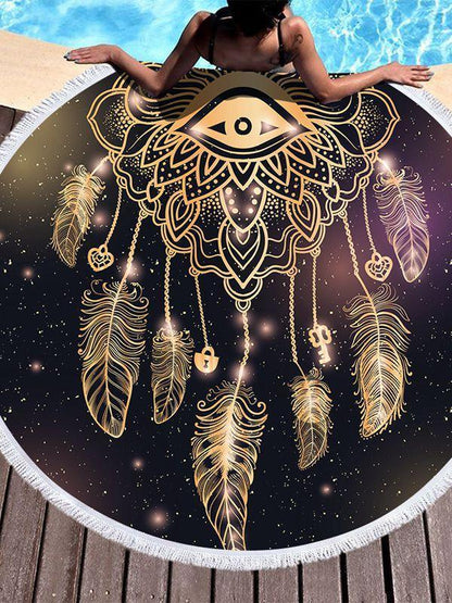Dream Catcher Feather Round Yoga Mat Print Tassel Beach Towel