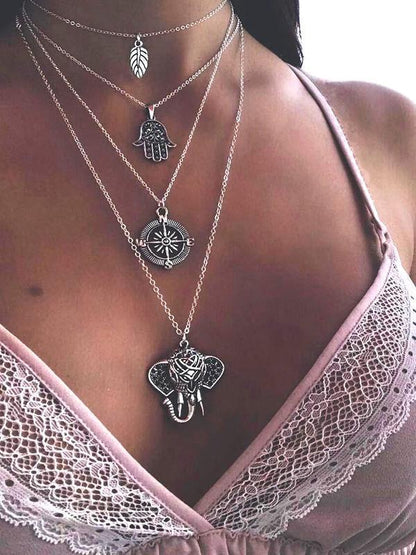 Boho Multi-Layer Leaf Elephant Pendant Necklace