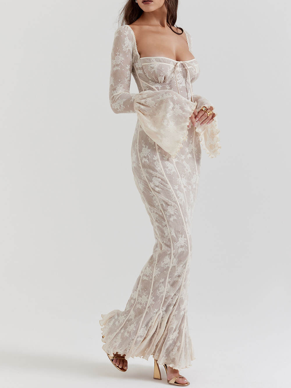 Lace Maxi Dress Semi Sheer Stretch Floral