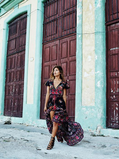 Dresses Retro Bohemian Maxi Dress V-Neck Dresses For Ladies